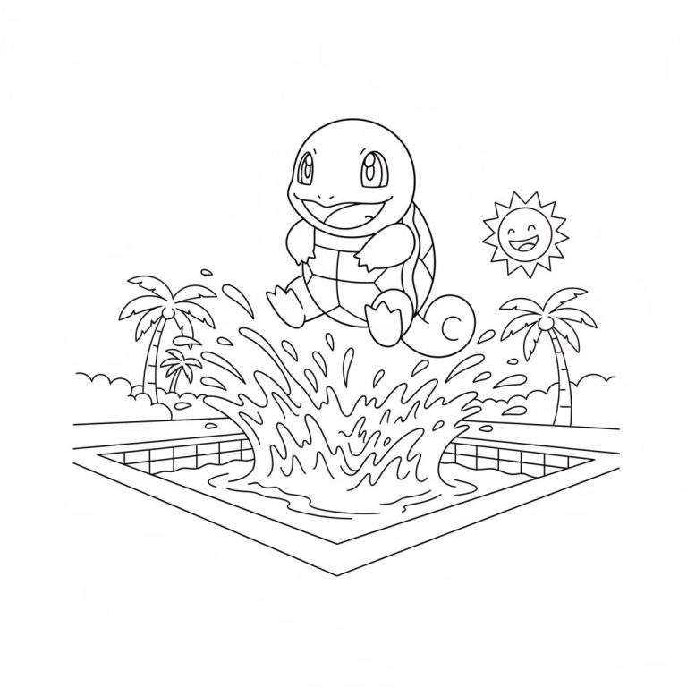 Kleurplaat van een lachende Squirtle-achtige schildpad die met een grote plons in een zwembad duikt, omringd door opspattend water, palmboomen en een vrolijke zon.