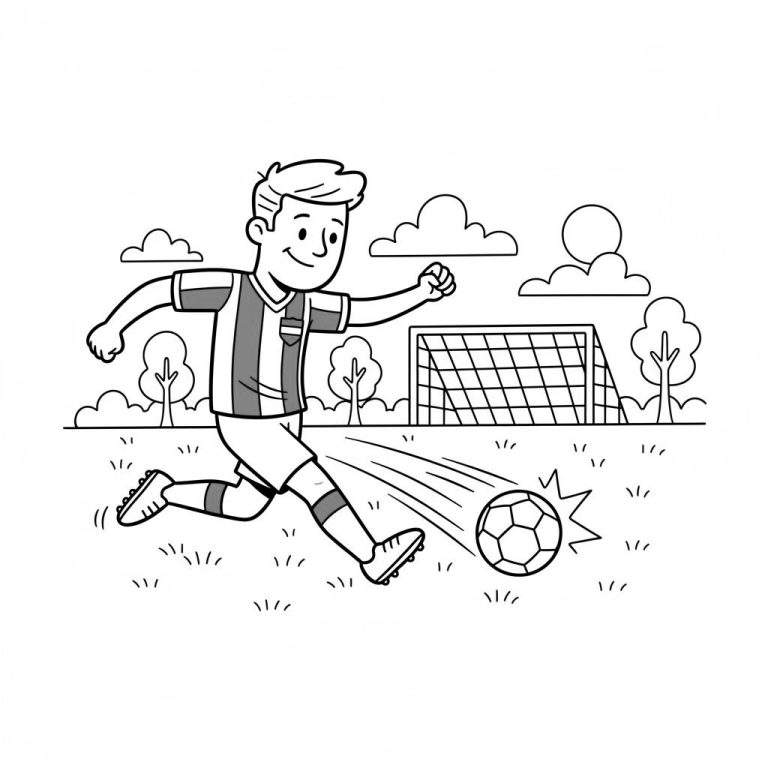 Zwart-wit lijntekening van een lachende jongen in een gestreept shirt die een voetbal wegschopt. Achtergrond toont een voetbaldoel, bomen, wolken en grasveld, FC Groningen thema.