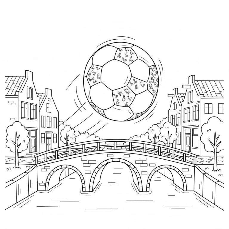 Zwart-wit kleurplaat van een Nederlands grachtenstad met trapgevelhuizen, een boogbrug over een gracht, bomen en een zwevende voetbal versierd met klompen. Thema: FC Utrecht.
