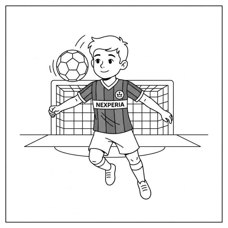 Zwart-wit kleurplaat van een blije voetballende jongen in een gestreept NEC NEXPERIA tenue, die een voetbal kopt voor een doel op een voetbalveld.