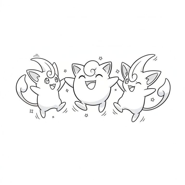 Zwart-wit kleurplaat van dansende Pokémon: Cleffa, Jigglypuff en Igglybuff houden elkaars hand vast, lachend en omringd door sterren en vierkantjes.