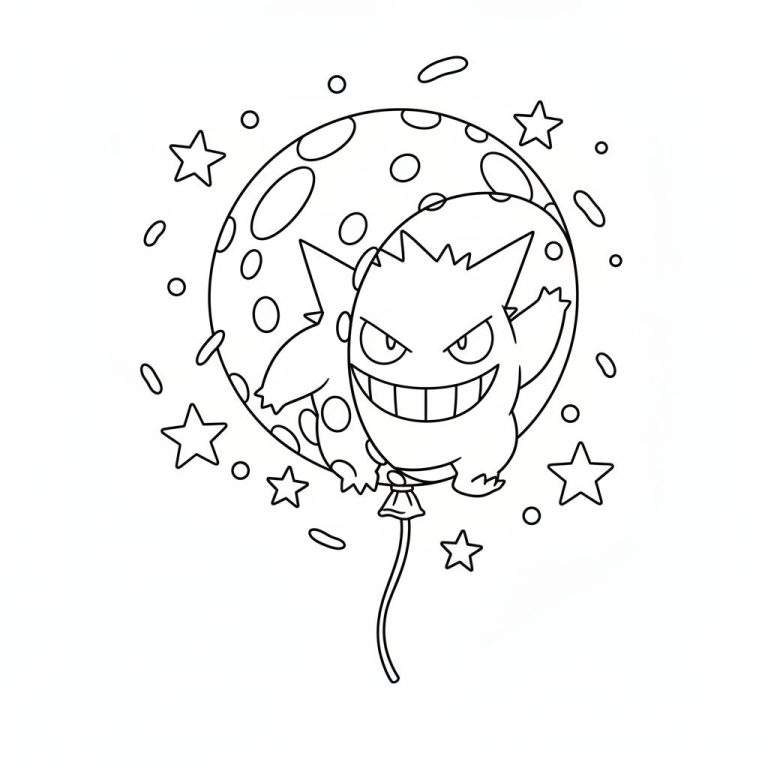 Zwart-witte lijnenafbeelding van een Gengar als ballon voor een maan, omringd door sterren en fonkelingen, bedoeld als kleurplaat.
