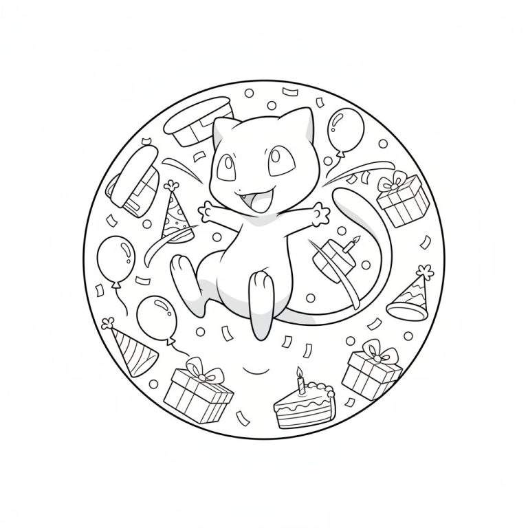 Zwart-wit kleurplaat van een blije Mew die zweeft, omringd door verjaardagsballonnen, cadeaus, feestmutsen, taart met kaars en confetti in een cirkel.