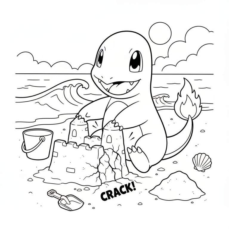 Zwart-wit kleurplaat van een lachende Charmander die een zandkasteel bouwt op het strand, met het woord "CRACK!" aan de basis, een emmer, schepje, zee, wolken en zon op de achtergrond.