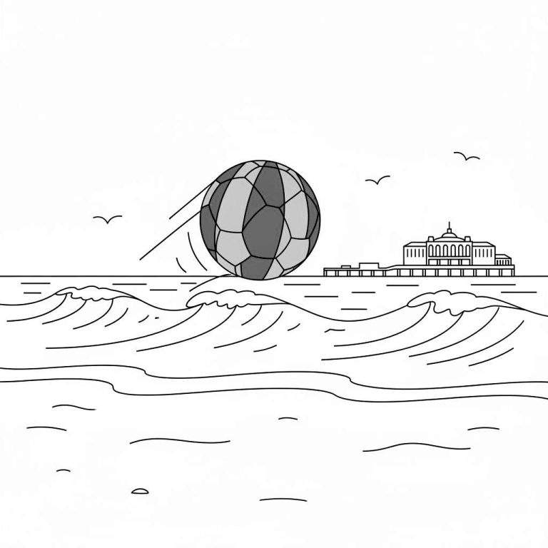 Minimalistische zwart-wit lijntekening kleurplaat van een grote voetbal die over de zee stuitert, met golven, een pier met gebouw, drie meeuwen en een strand. Onderwerp: ADO Den Haag.