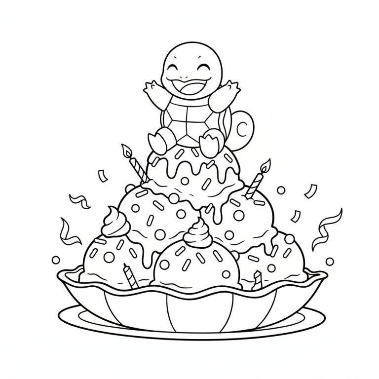 Kleurplaat van lachende Squirtle op een feestelijke ijscoupe met brandende verjaardagskaarsjes, hagelslag, saus, slingers en confetti in een kom op een schotel.