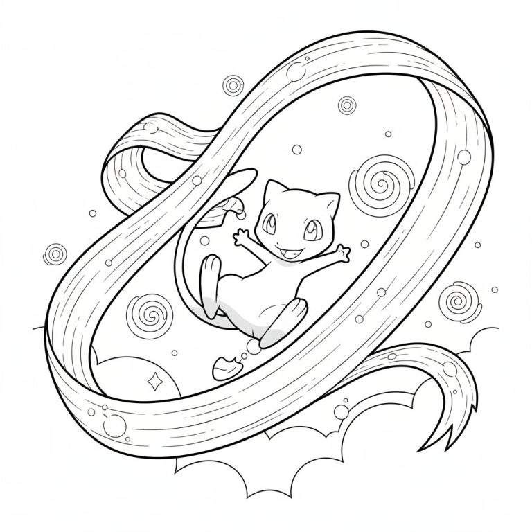 Zwart-witte kleurplaat van de Pokémon Mew, vrolijk zwevend in een golvend lint omringd door cirkels en spiralen.