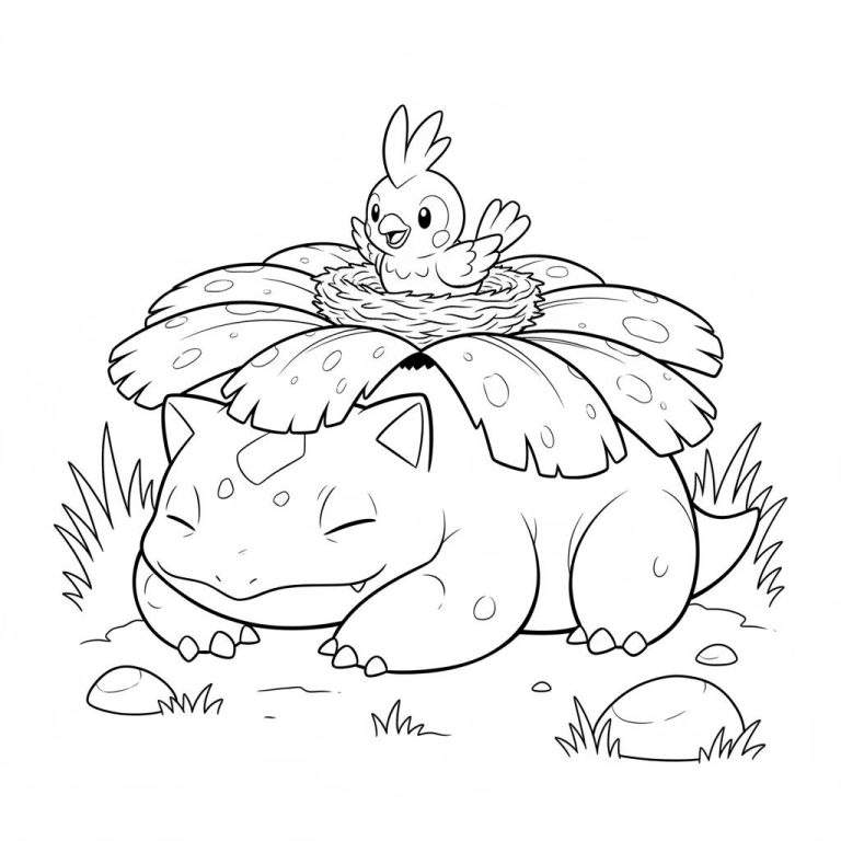 Zwart-wit kleurplaat van een rustende Ivysaur met gesloten ogen, met een vogelnestje en een blij vogeltje op zijn rugbloem, omringd door gras en stenen.