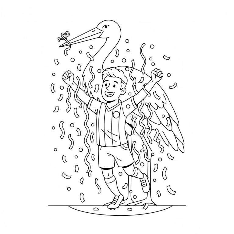 Kleurplaat van een juichende ADO Den Haag voetballer met een ooievaar die een fopspeen vasthoudt, omringd door confetti, symboliserend overwinning en geboorte.