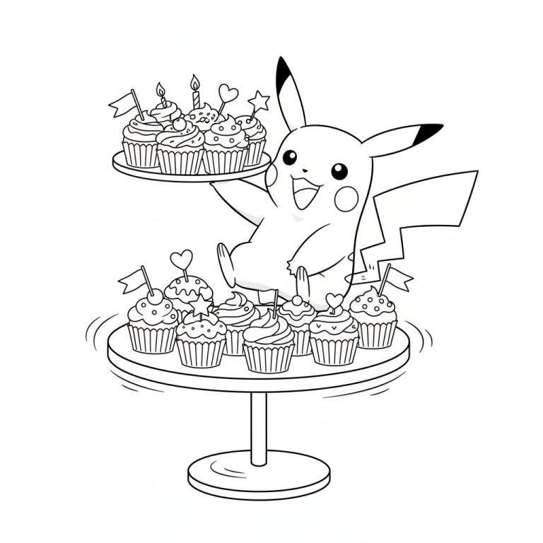 Zwart-wit kleurplaat van een vrolijke Pikachu die een dienblad met feestelijke cupcakes vasthoudt, met extra cupcakes op een standaard eronder, versierd met kaarsjes, vlaggetjes, hartjes en sterretjes.