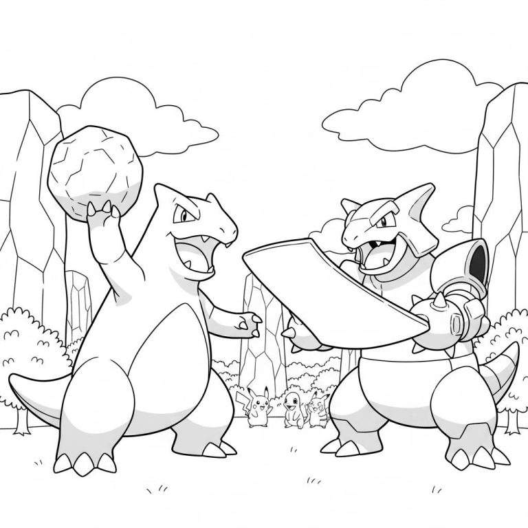 Zwart-wit lijntekening van een Pokémon gevecht. Charmeleon tilt een steen om te gooien, Marowak verdedigt zich met een bot. Pikachu en andere kleine Pokémon kijken toe in een rotsachtig landschap.