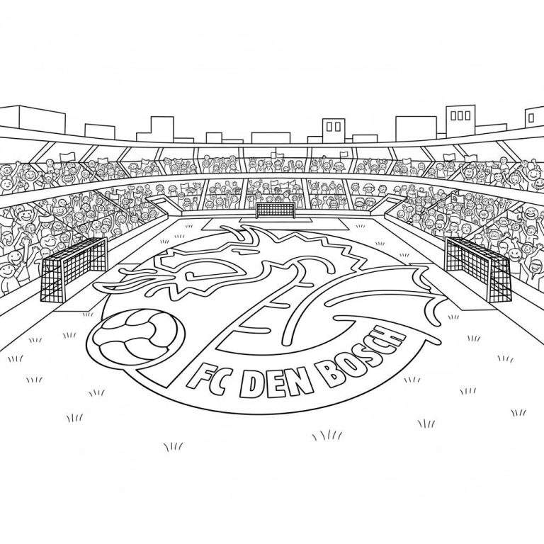 Kleurplaat van het FC Den Bosch voetbalstadion, met een vol veld, twee doelen, het clublogo met draak en de naam, en juichend publiek op de tribunes.
