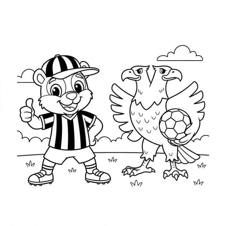 Zwart-wit kleurplaat Vitesse met vrolijke beer in voetbaltenue die duim opsteekt en tweekoppige adelaar met voetbal in klauw, op een grasveld met wolken. Sportief thema.