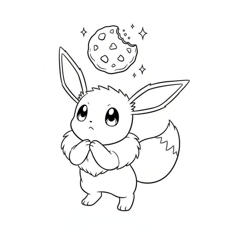 Lijntekening van Eevee die met smekende ogen omhoog kijkt naar een zwevend koekje met chocoladestukjes. Een schattige Pokémon kleurplaat.