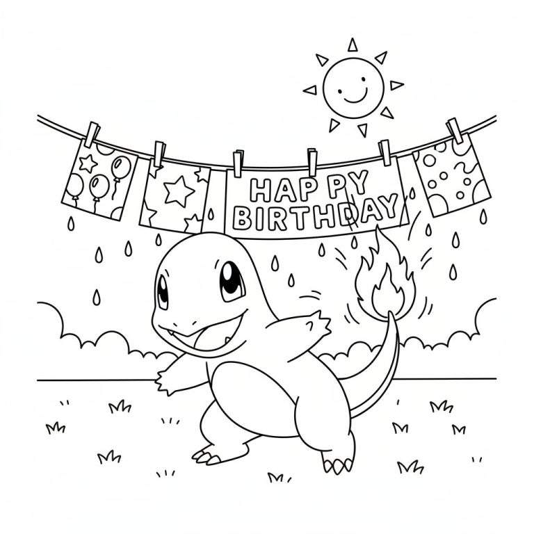 Zwart-wit kleurplaat van een vrolijke Charmander die een verjaardagsfeest viert onder een 'HAPPY BIRTHDAY' slinger, met een lachende zon en vallende confetti in een buitenomgeving.