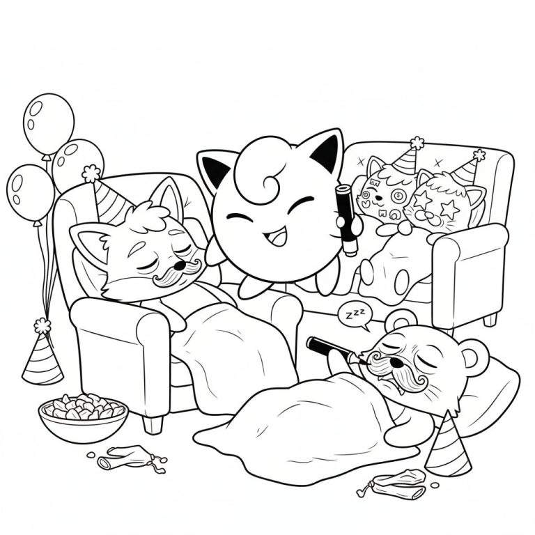 Zwart-wit illustratie van een slaapfeestje waarbij een wakker Jigglypuff snorren tekent op de gezichten van slapende dieren. Een vos, twee katten, en een beer liggen onder dekens, dragen feesthoedjes, en hebben al snorren. De kamer is versierd met ballonnen, feesttoeters en snacks.