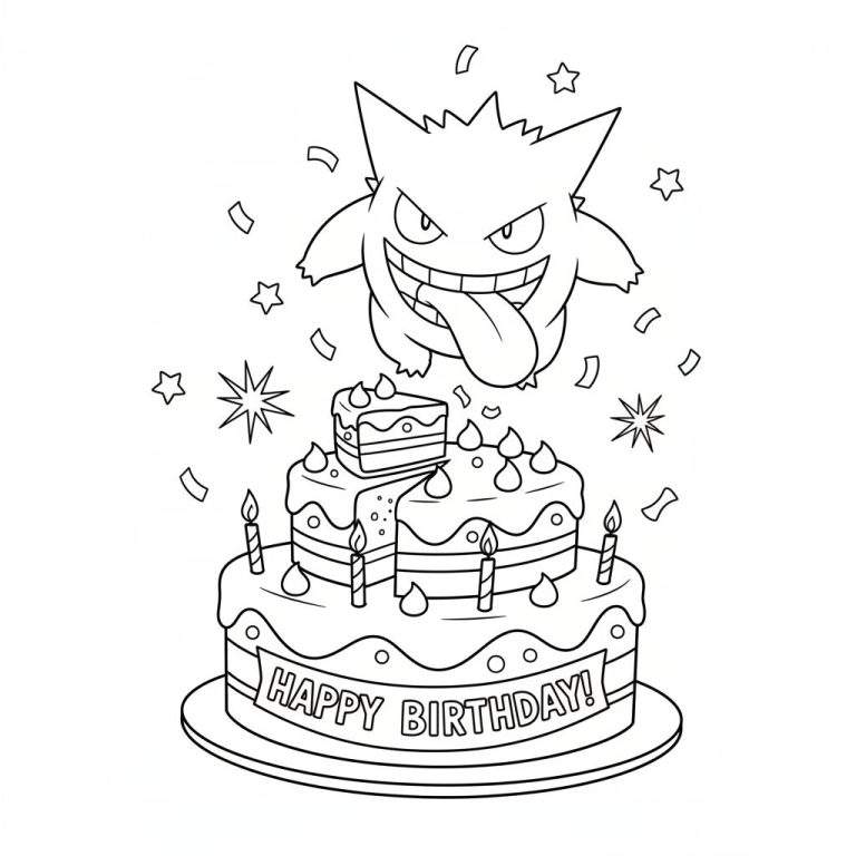Zwart-wit lijntekening van Gengar die lachend boven een verjaardagstaart zweeft met kaarsjes, 'HAPPY BIRTHDAY!' banner, sterren en confetti.