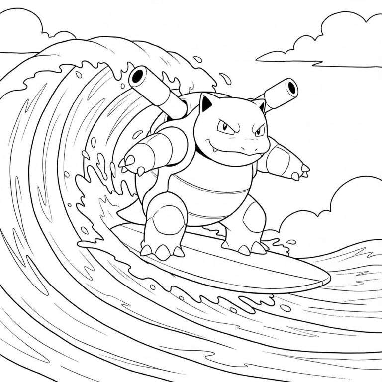 Zwart-wit kleurplaat van Blastoise die op een surfplank een hoge golf bedwingt. Water spat rond de Pokémon en de plank. Blastoise heeft een geconcentreerde uitdrukking. Op de achtergrond zijn wolken te zien.