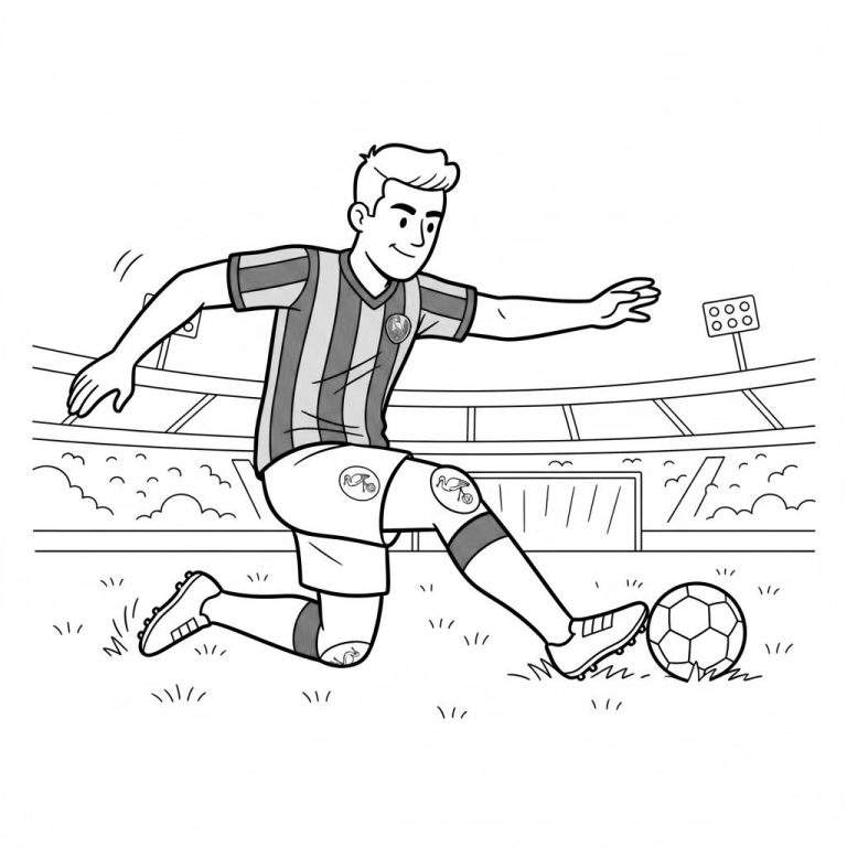 Zwart-wit kleurplaat van een jonge ADO Den Haag voetballer in actie, op één knie de bal controlerend in een voetbalstadion met tribunes en lichtmast.