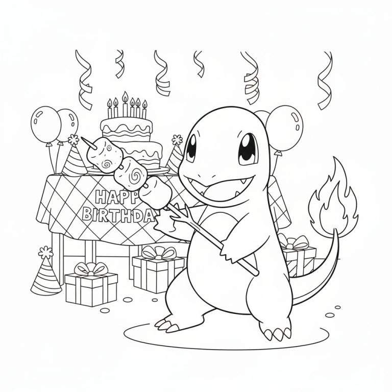 Kleurplaat van Charmander met feesthoedje, lachend, en marshmallows, bij een verjaardagstaart met 6 kaarsjes, slingers, ballonnen, cadeautjes, en confetti. Tekst: 'HAPP BIRTHDA'.