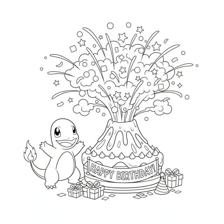 Zwart-wit kleurplaat van Charmander die lacht bij een vulkaan-verjaardagstaart met confetti, 'Happy Birthday!' banner, cadeautjes en een feesthoedje.