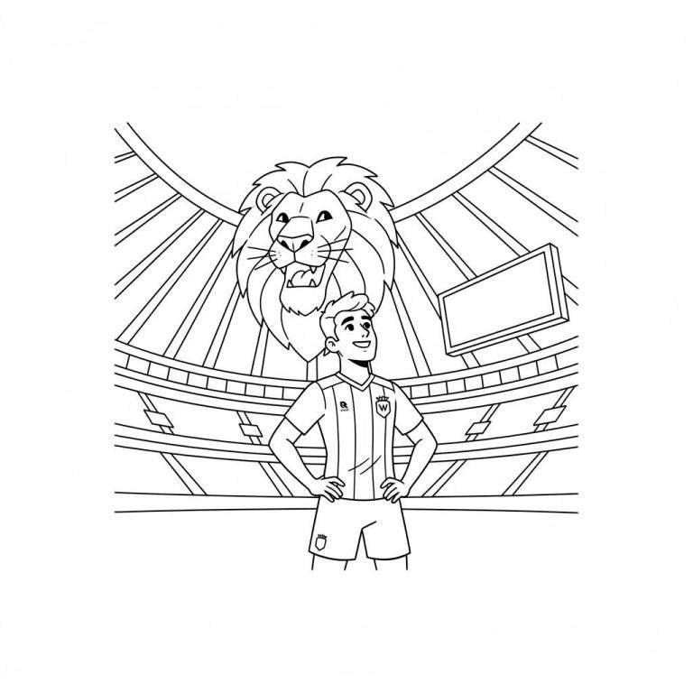 Kleurplaat van een lachende Willem II voetballer met shirtlogo's (R, W in schild, kroon) en handen in zijn zij, voor een groot brullend leeuwenhoofd. Achtergrond toont een voetbalstadion met tribunes en scorebord.