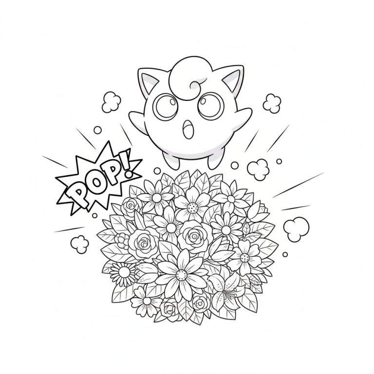 Zwart-wit kleurplaat van Jigglypuff die met een verraste uitdrukking en een 'POP!' tekstballon uit een weelderige bos bloemen springt.