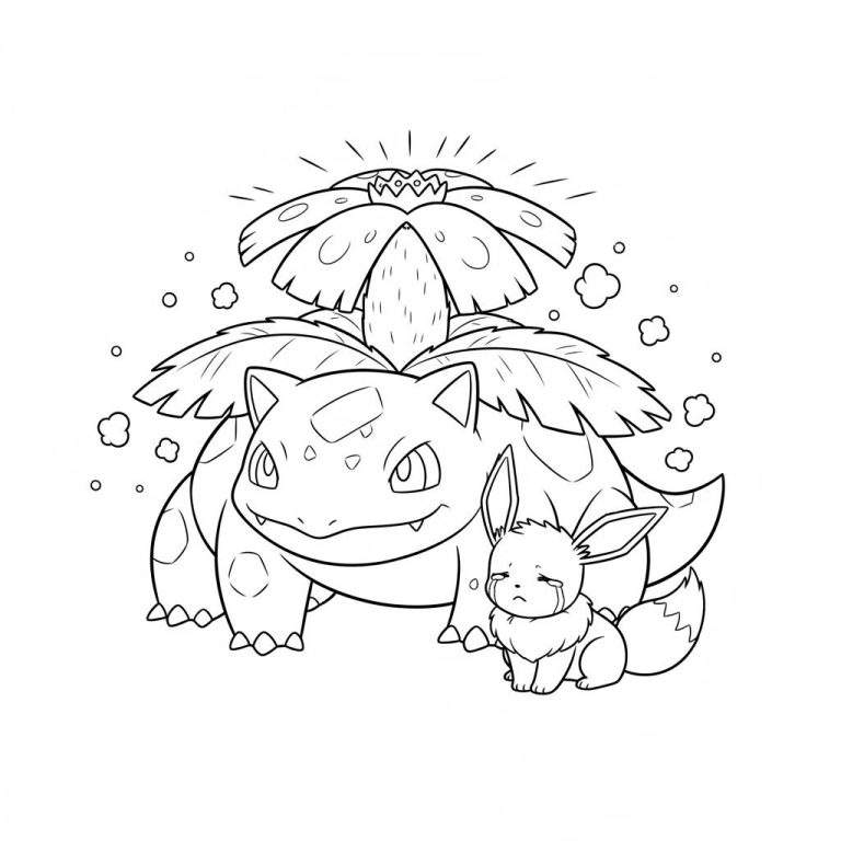 Zwart-wit kleurplaat van een glimlachende Venusaur met een stralende, kroonachtige bloem op zijn rug, naast een kleine, huilende Eevee met tranen in de ogen. De achtergrond bevat zwevende wolkjes en cirkels.