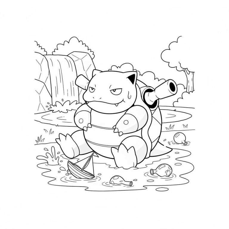 Lijntekening van Blastoise in een waterplas met een waterval, rotsen en bomen op de achtergrond. Drijvende flessen en een zeilbootje zijn zichtbaar, Blastoise heeft een vermoeide uitdrukking met een zweetdruppel.