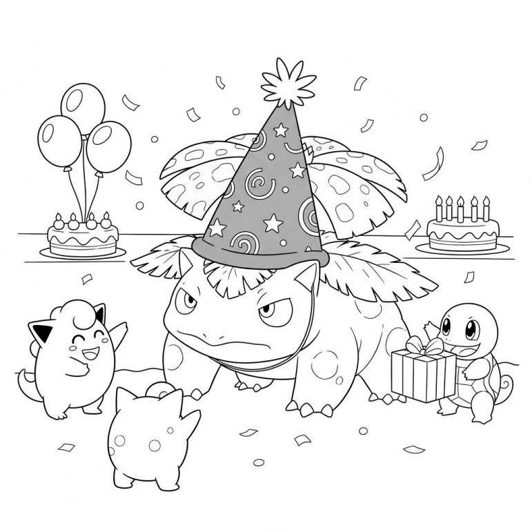 Kleurplaat van een Pokémon verjaardagsfeestje met een nukkige Ivysaur in een feestmuts, omringd door vrolijke Jigglypuff, Cleffa en Squirtle, twee taarten, ballonnen en confetti.