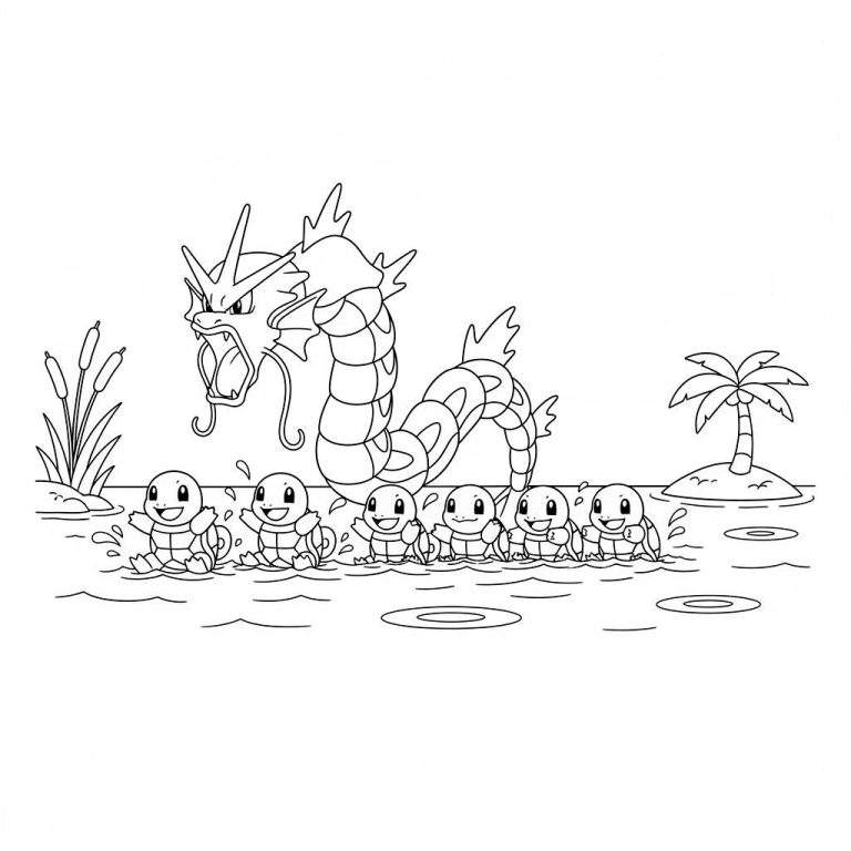 Zwart-wit kleurplaat met een dreigende Gyarados die uit het water oprijst, toekijkend op zeven vrolijk zwemmende Squirtles. Omringd door riet en een palmboom op een eilandje.