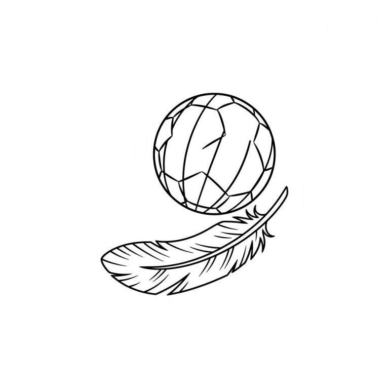 Zwart-wit kleurplaat van een Go Ahead Eagles voetbal en een veer. De voetbal heeft een klassiek patroon, en de veer ligt er schuin onder met de punt naar rechtsboven.