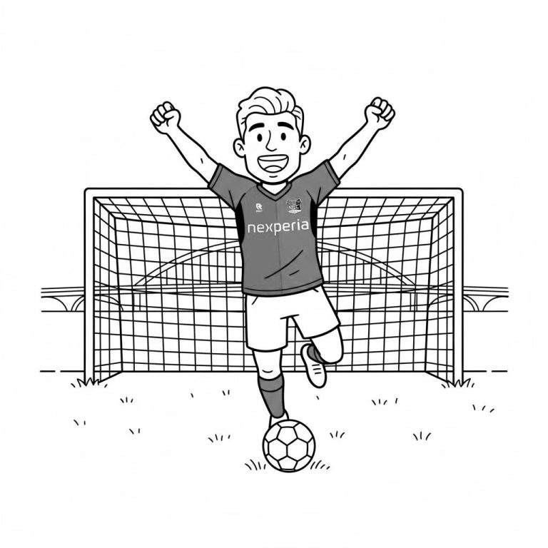 Cartoon kleurplaat van een juichende NEC voetballer met Nexperia-shirt, een bal aan zijn voet en een voetbaldoel op de achtergrond, met bruggen verder weg.