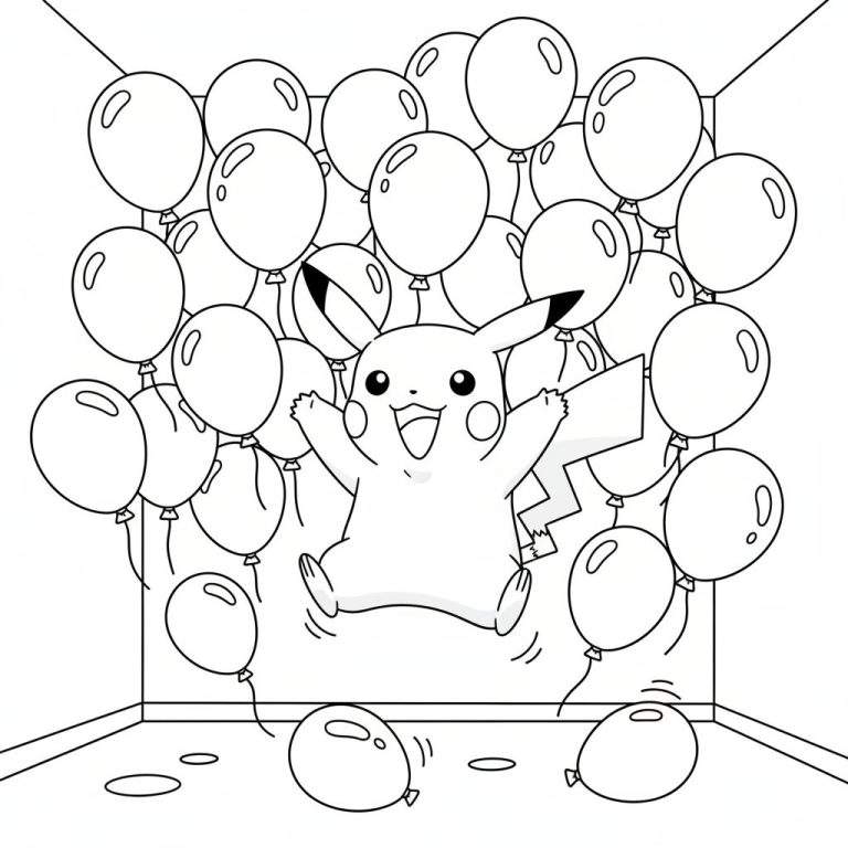Zwart-wit kleurplaat van een blije, springende Pikachu omringd door feestelijke ballonnen, inclusief een Pokébal ballon, die een kamer vullen.