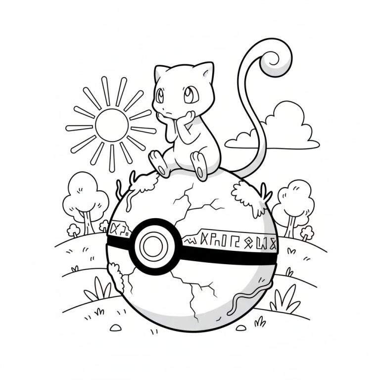 Zwart-wit kleurplaat van de Pokémon Mew die peinzend op een oude, gebarsten Pokébal zit, omringd door een landschap met een zon, bomen en wolken.
