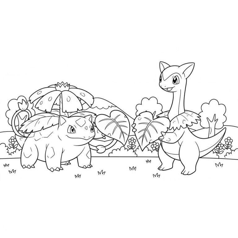 Zwart-wit kleurplaat van Bulbasaur en Chikorita in een weelderige natuurlijke omgeving met grote bloemen, bladeren, gras en struiken.