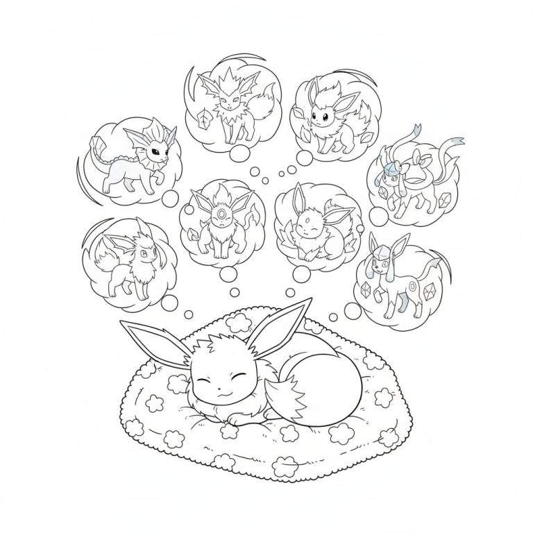 Kleurplaat van een slapende Eevee die droomt over haar acht evoluties (Eeveelutions) in gedachtenbellen.