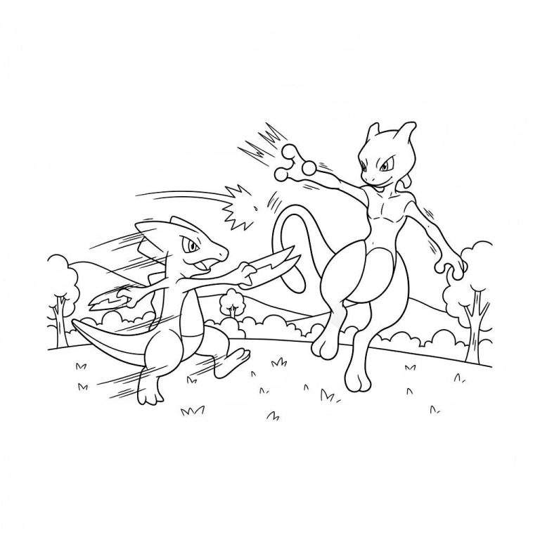 Zwart-wit kleurplaat van een dynamisch Pokémon-gevecht: Charmeleon rent naar voren en valt Mewtwo aan, die reageert met energie-stralen, in een landschap met heuvels en bomen.