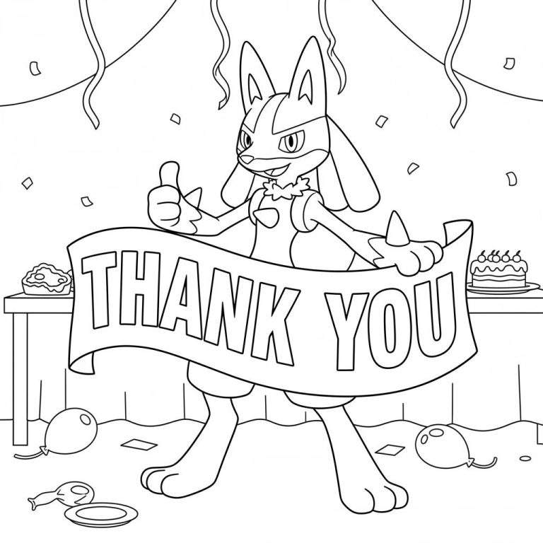 Zwart-wit kleurplaat: Vrolijke Lucario met duim omhoog en 'THANK YOU' banner op een feest met slingers, taart met '6', gebakje, ballonnen en feesthoedje.