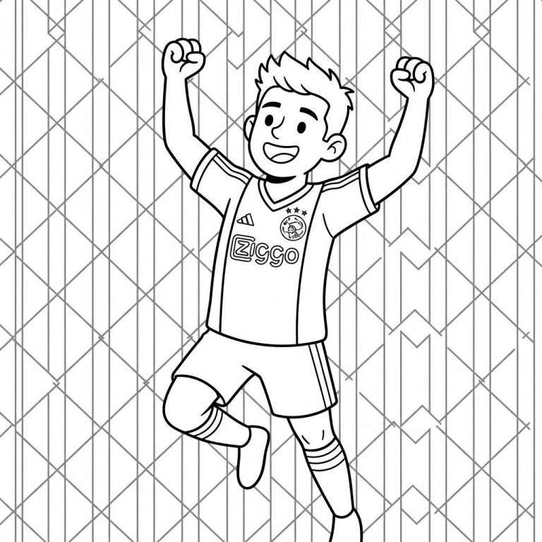 Zwart-wit lijntekening kleurplaat van een juichende jonge Ajax-voetballer in tenue met Adidas-logo, Ziggo-sponsor en drie sterren clubembleem, tegen een abstract geometrisch patroon.