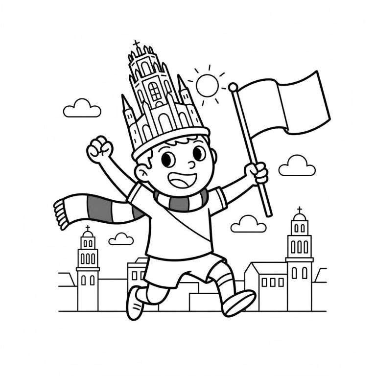 Zwart-wit kleurplaat van een lachend jongetje met een kerkhoed, gestreepte sjaal en wapperende vlag, rennend voor een Utrechtse skyline met kerktorens. Thema: FC Utrecht.