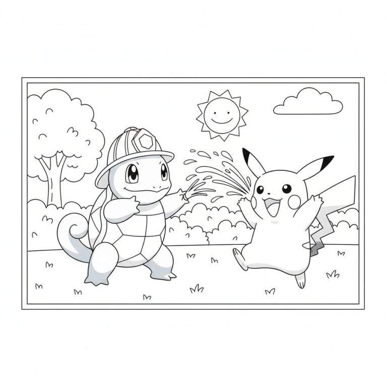 Kleurplaat van Squirtle met brandweerhelm die water spuit op een lachende Pikachu, met boom, wolk en lachende zon op de achtergrond en gras op de voorgrond.