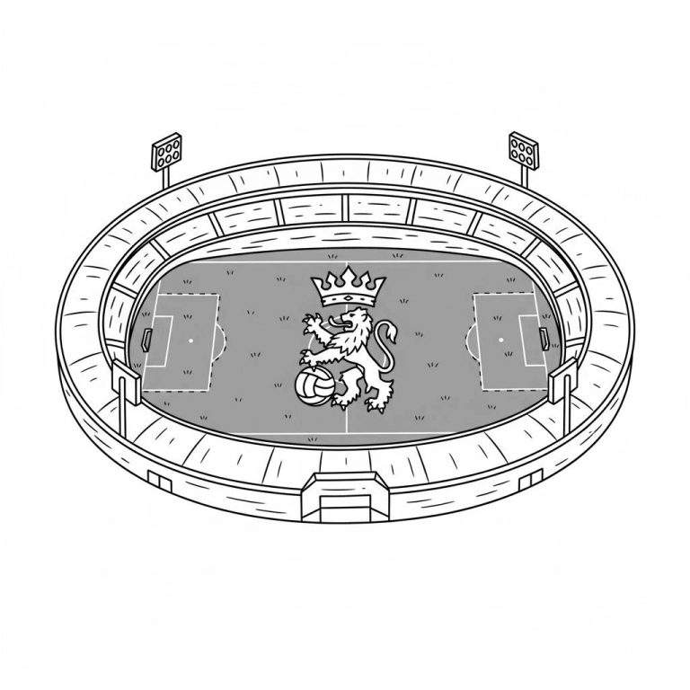 Zwart-wit kleurplaat van het Willem II voetbalstadion vanuit bovenaanzicht. Ovaal stadion met tribunes, voetbalveld met lijnen, doelen, twee lichtmasten en een centraal embleem van een gekroonde leeuw die een voetbal vasthoudt.