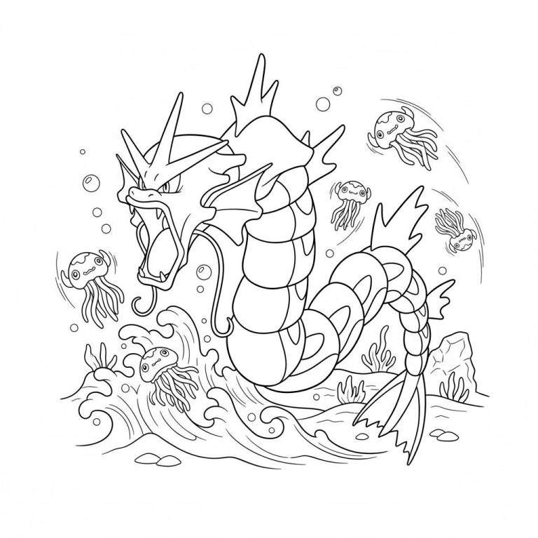 Een zwart-witte kleurplaat van een woeste Gyarados die met geopende bek uit het water springt, omringd door vijf geschrokken Jellicent, met luchtbellen, golven en zeebodemdetails.