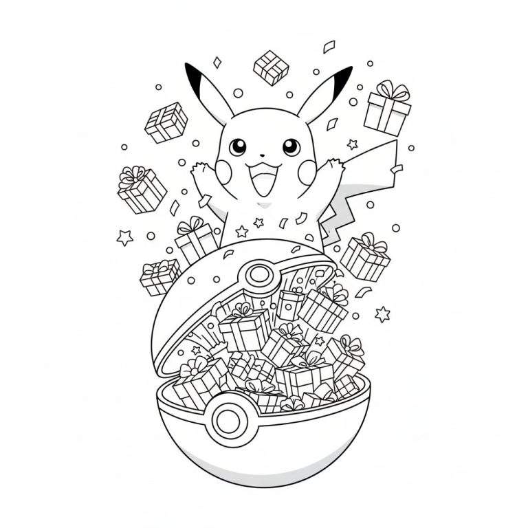 Zwart-wit lijntekening van een vrolijke Pikachu die met open armen uit een Pokébal vol cadeautjes springt, omringd door zwevende geschenken en feestelijke decoraties.