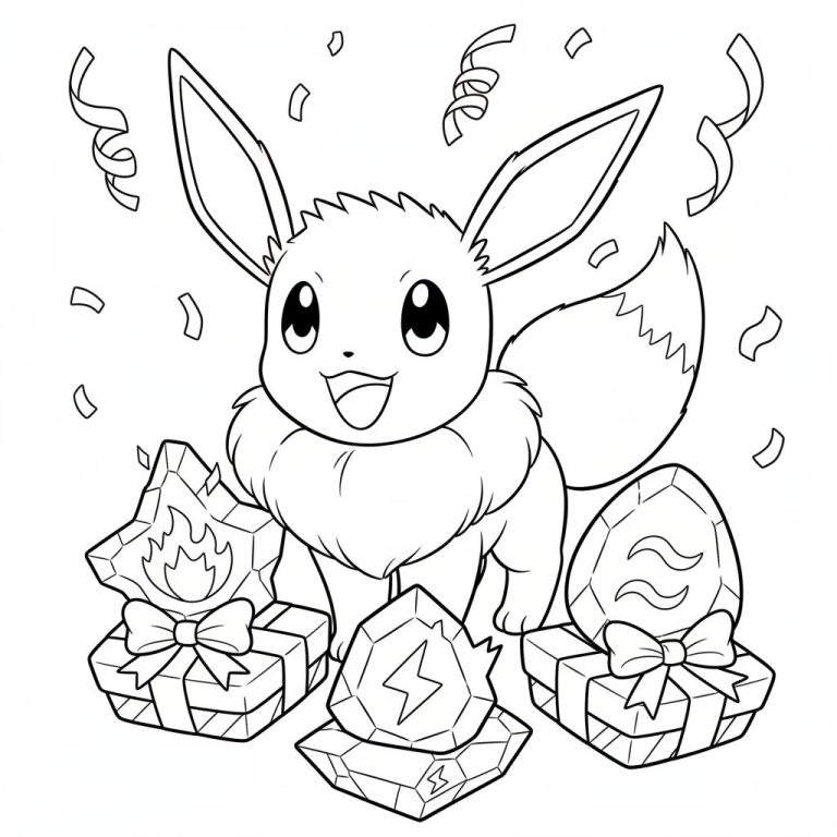 Zwart-wit kleurplaat van een lachende Eevee omringd door Vuur-, Onweer- en Waterstenen en feestelijke confetti.