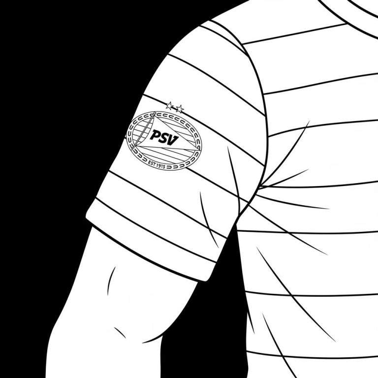 Zwart-wit kleurplaat van een arm en schouder in een gestreept shirt, met een rond PSV-logo op de mouw. Het logo toont 'PSV', twee sterren en 'EST 1915', omrand door boogjes. De achtergrond links is zwart.
