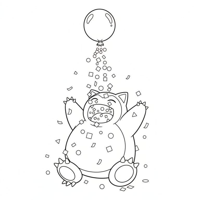 Zwart-wit lijntekening van Snorlax die vrolijk juicht met open mond terwijl confetti uit een ballon op hem neerdaalt. Zijn armen zijn omhoog en hij vangt de feestelijke confetti.