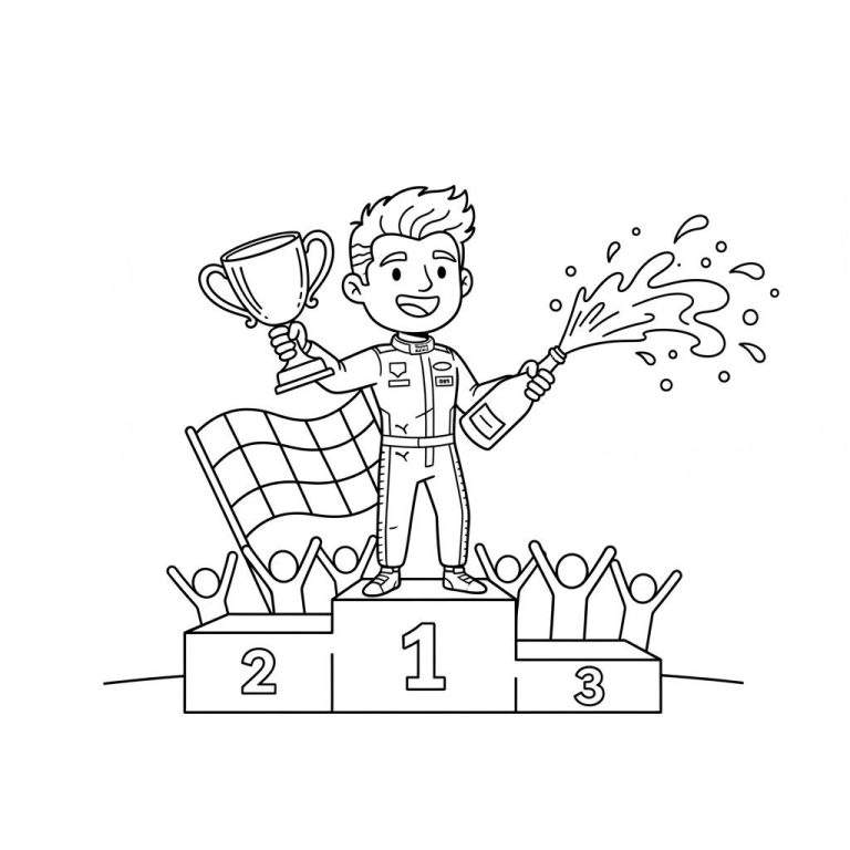 Kleurplaat van een juichende race winnaar in racepak op podium 1, spuitend met champagne en een grote trofee omhoog houdend, met een geblokte finishvlag en silhouetten van juichend publiek.