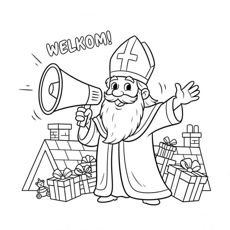 Zwart-wit kleurplaat van Sinterklaas die 'WELKOM!' roept met een megafoon, omringd door cadeaus en een teddybeer op daken met schoorstenen.